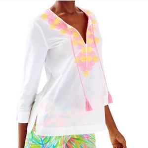 Lilly Pulitzer Amelia Island Tunic Embroidered with Pink Tassles Medium